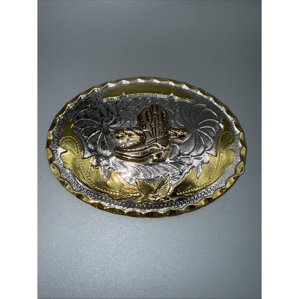 Gold Silver Rope Trim Boot Western 2-Tone‎ Oval Belt Buckle